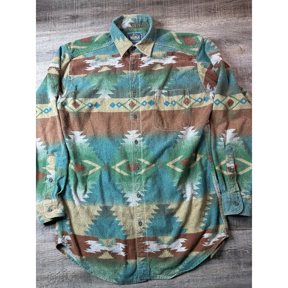 Vintage 90s Woolrich Southwestern Aztec Flannel Shirt Medium Made in USA Teal